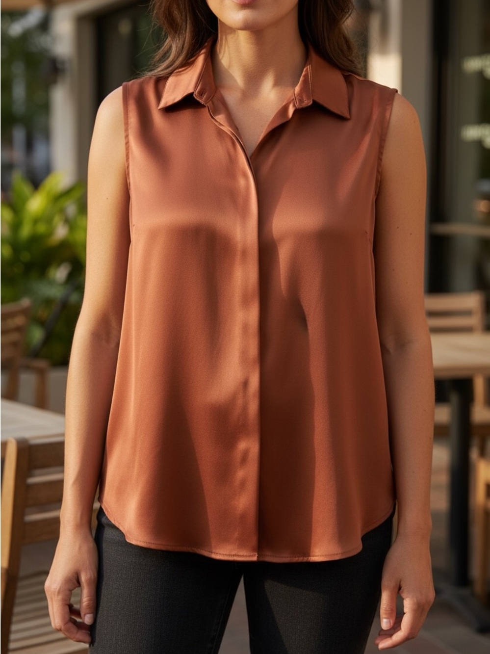 Sleeveless Collared Satin Blouse - Rust